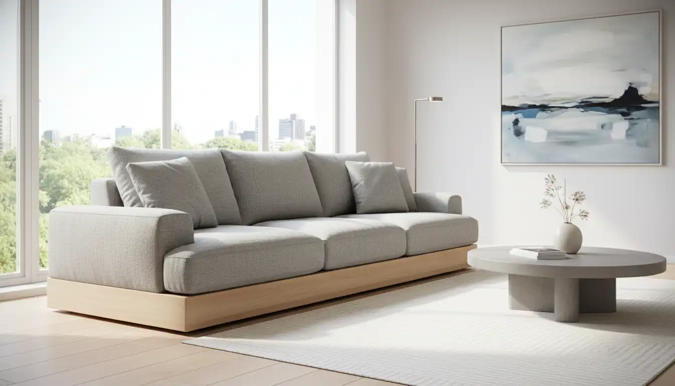 A modern, light gray upholstered sofa with a clean-lined wooden base, featuring plush seat and back cushions, placed in a brightly lit living room.