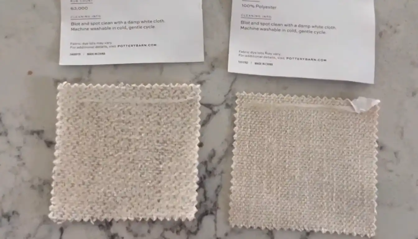 A detailed close-up of a neutral-toned, textured performance fabric on a piece of furniture.