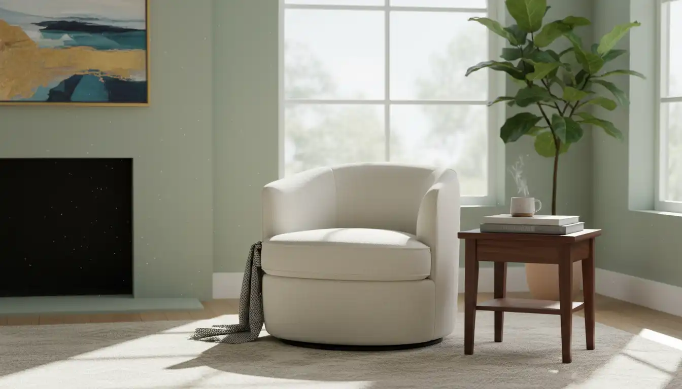 A cozy, upholstered barrel-back swivel chair in a well-lit living room next to a small wooden side table.