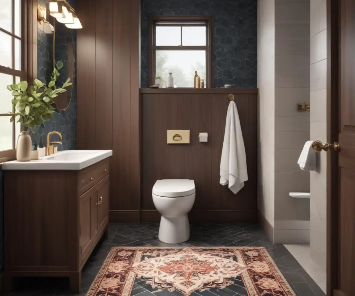 An elegant powder room with a decorative, patterned rug on a dark tiled floor, situated between a white toilet and a wooden vanity.