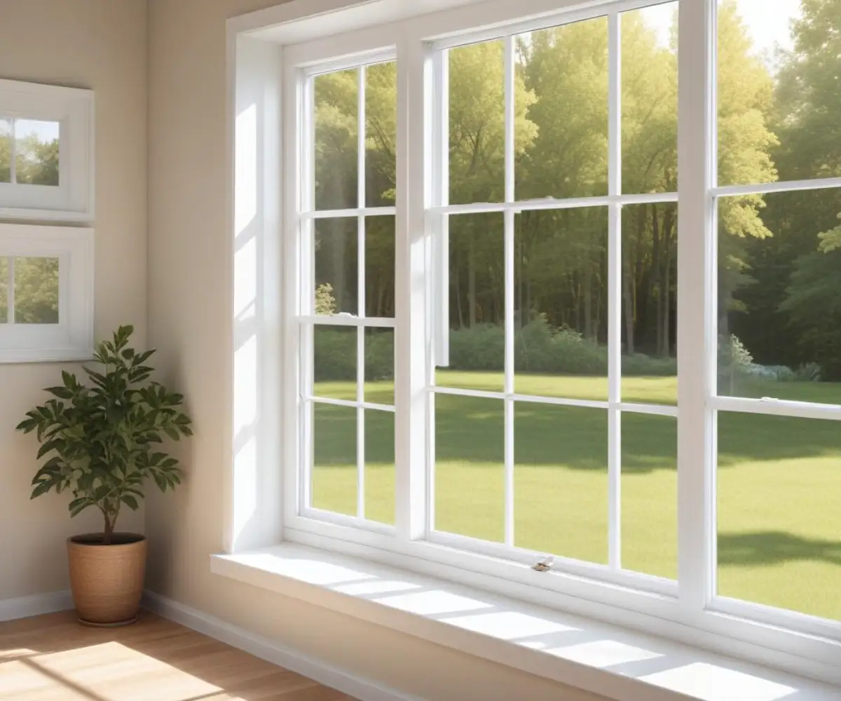 A modern, white vinyl, double-hung replacement window with grids, viewed from the interior of a brightly lit room.