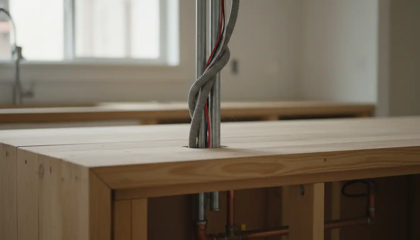 An electrical conduit and wiring descending from a plain white ceiling towards the unfinished wood countertop of a kitchen island.