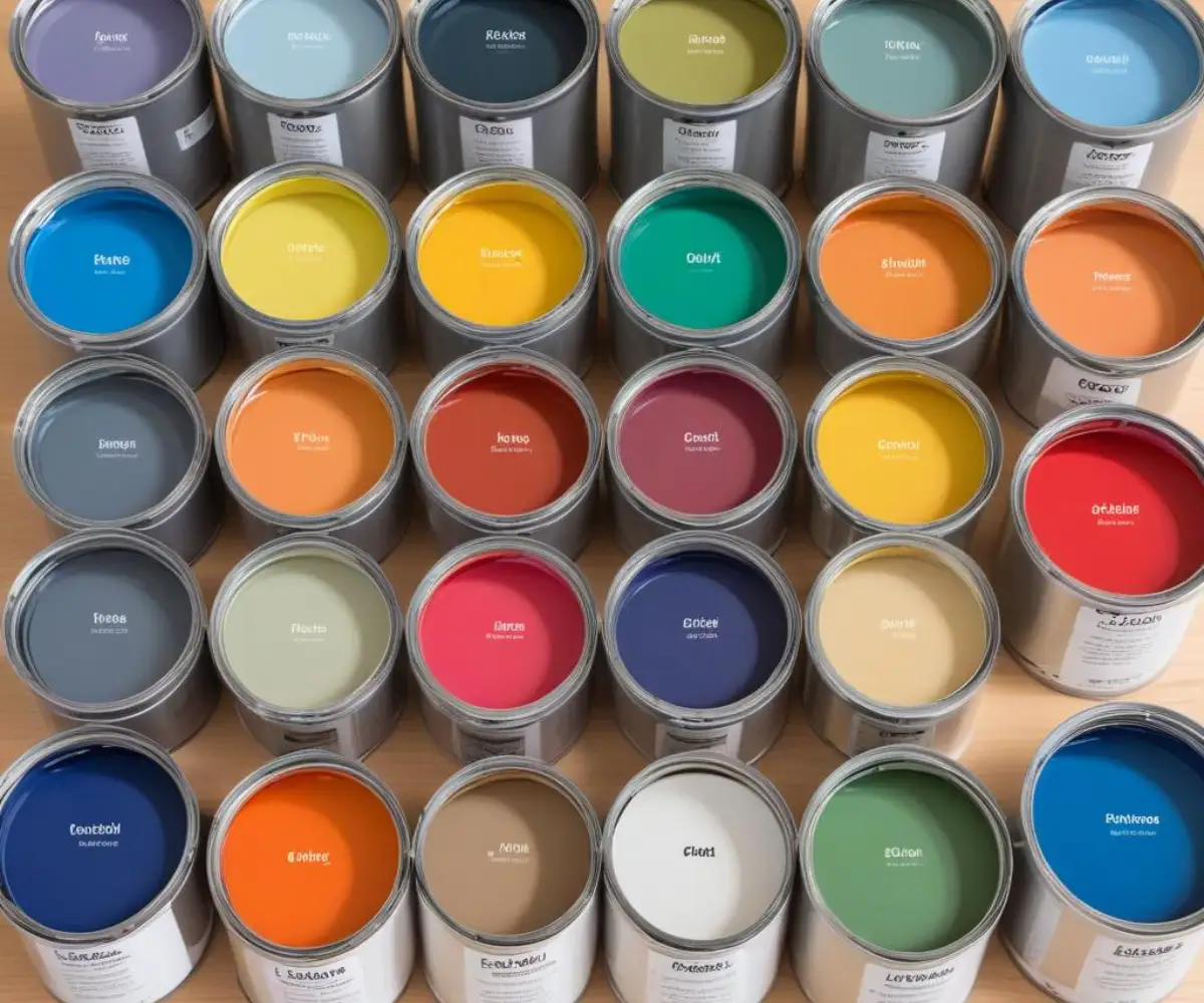 Two paint cans, one labeled PPG and the other Glidden, with a selection of corresponding color swatch samples fanned out between them on a light wood surface.