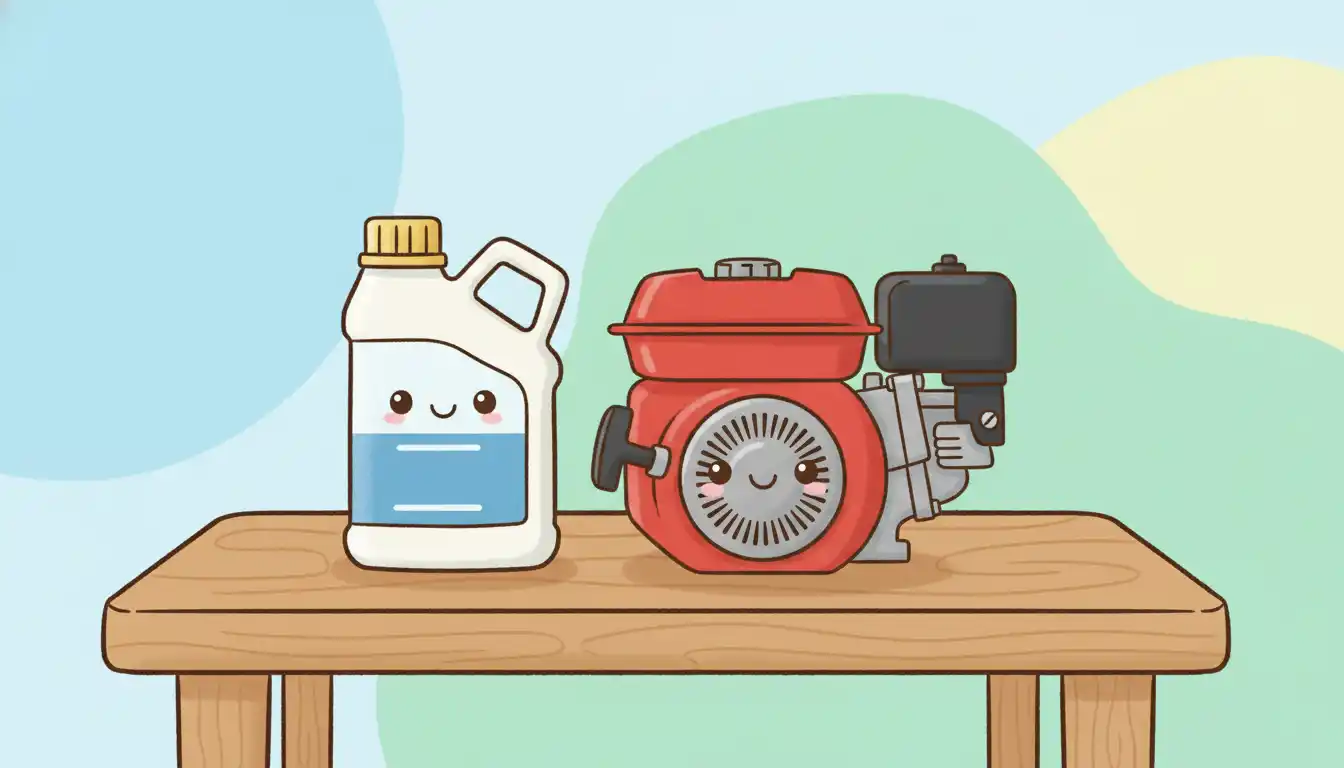 A bottle of conventional motor oil next to a small gas engine on a workbench.