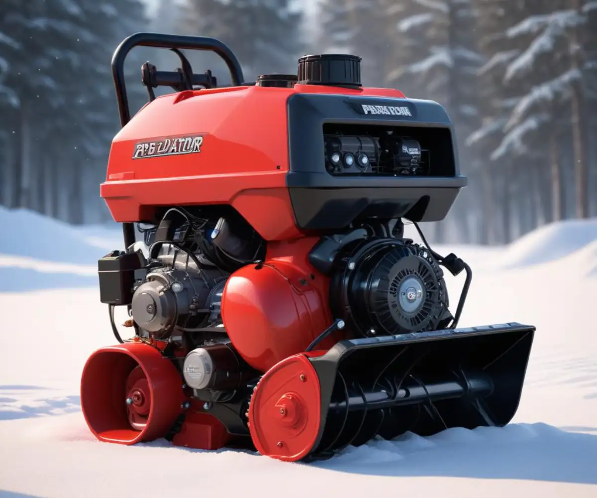 A red and black Predator gas engine for a clean, white surface.