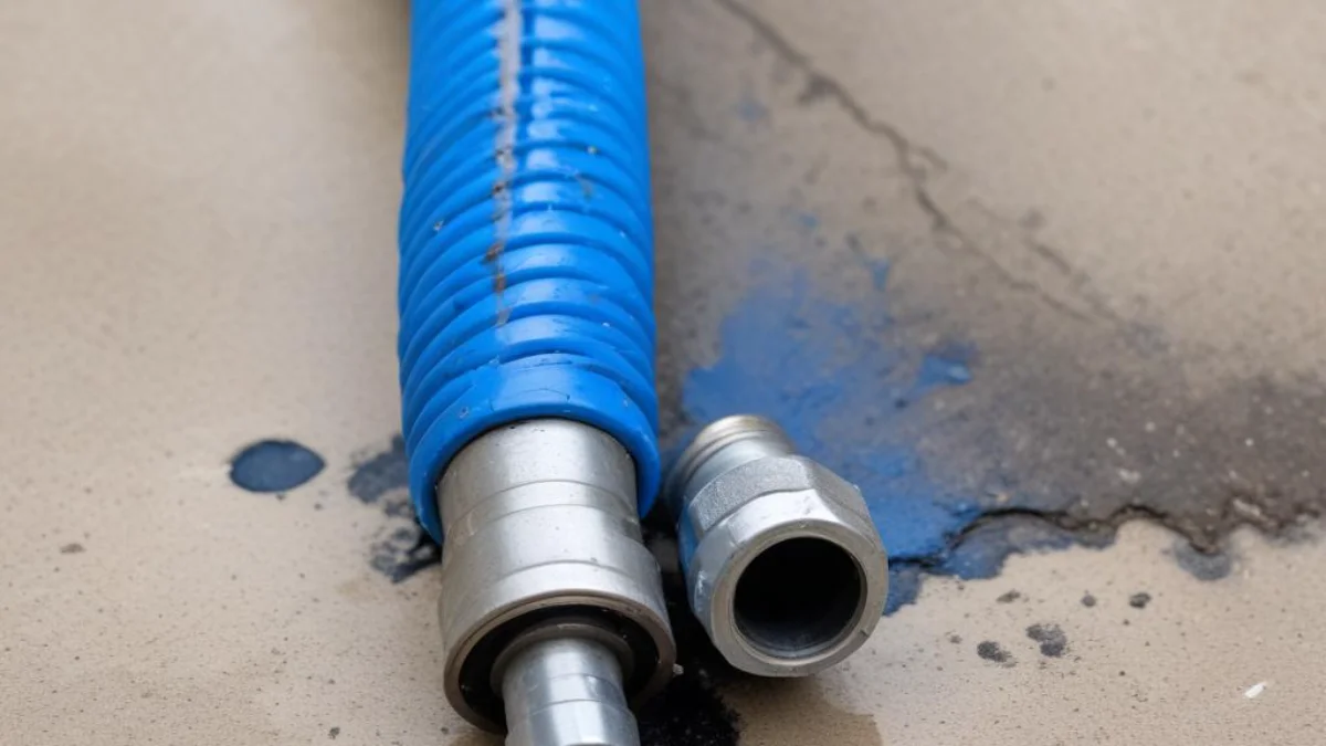 Close-up of a ruptured blue pressure washer hose with a visible tear on a concrete surface.
