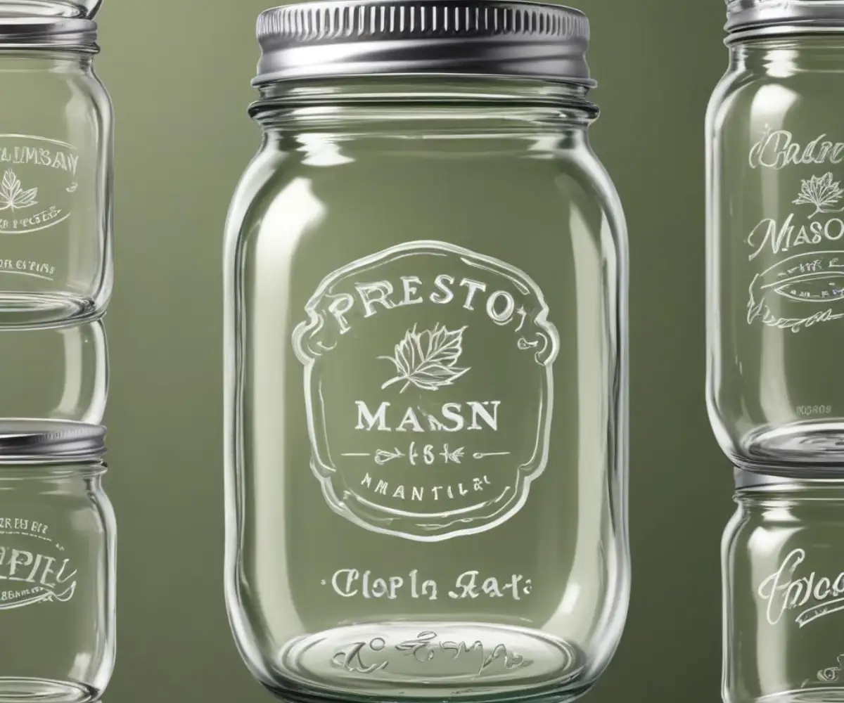 Close-up of the embossed manufacturer's markings and logo on the base of a vintage clear glass Presto mason jar.