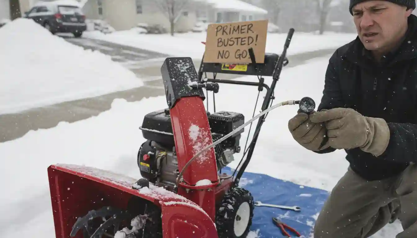 A man in winter clothing crouches beside a broken red snowblower in a snowy driveway. He holds a disconnected primer bulb from the snowblower. A cardboard sign on the snowblower reads "PRIMER BUSTED! NO GO." In the background, there's a large pile of snow and a house.
