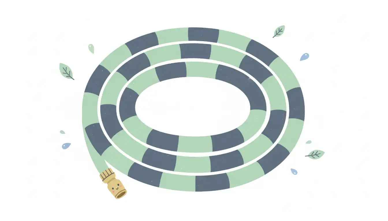 A coiled, green and black garden hose with brass fittings lies on a pristine white background.