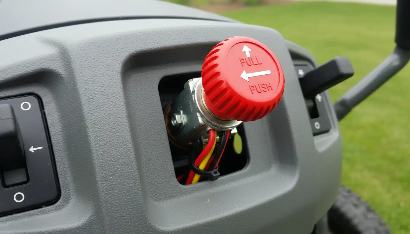 Close-up of a red push-pull power take-off switch with wiring on a lawn tractor's control panel.