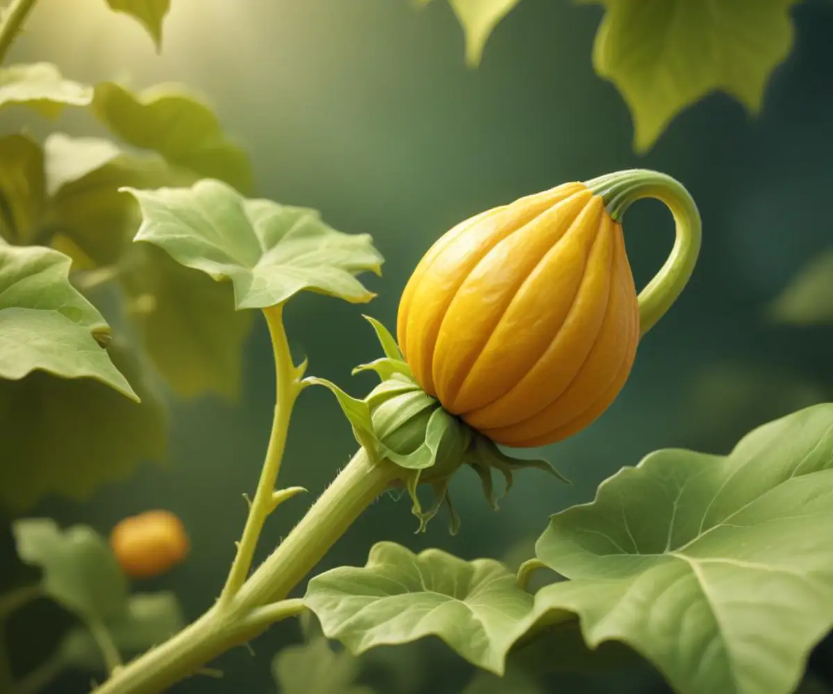 A close-up of a vibrant yellow, star-shaped pumpkin flower bud beginning to open on a fuzzy green vine.