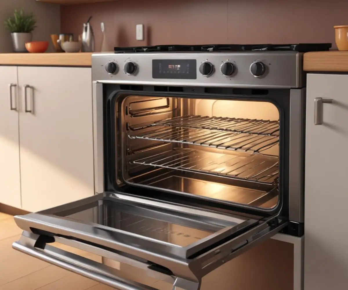 The interior of a clean, stainless steel convection oven, highlighting the rear fan and heating element.