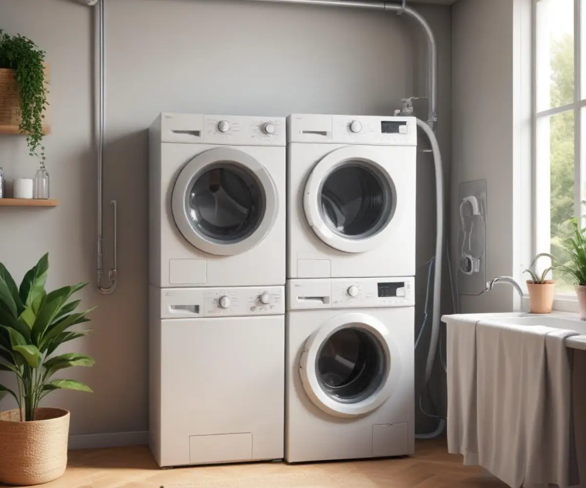 A compact, wall-mounted laundry water treatment device connected by hoses to a modern washing machine.