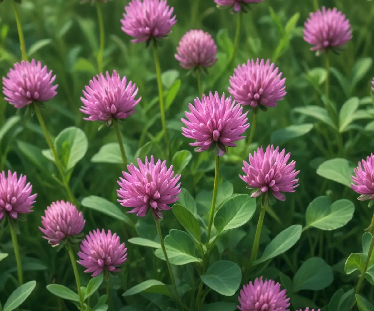 A close-up of a patch of red clover, a common lawn weed, showing its distinct three-leaflets and purple flower head.
