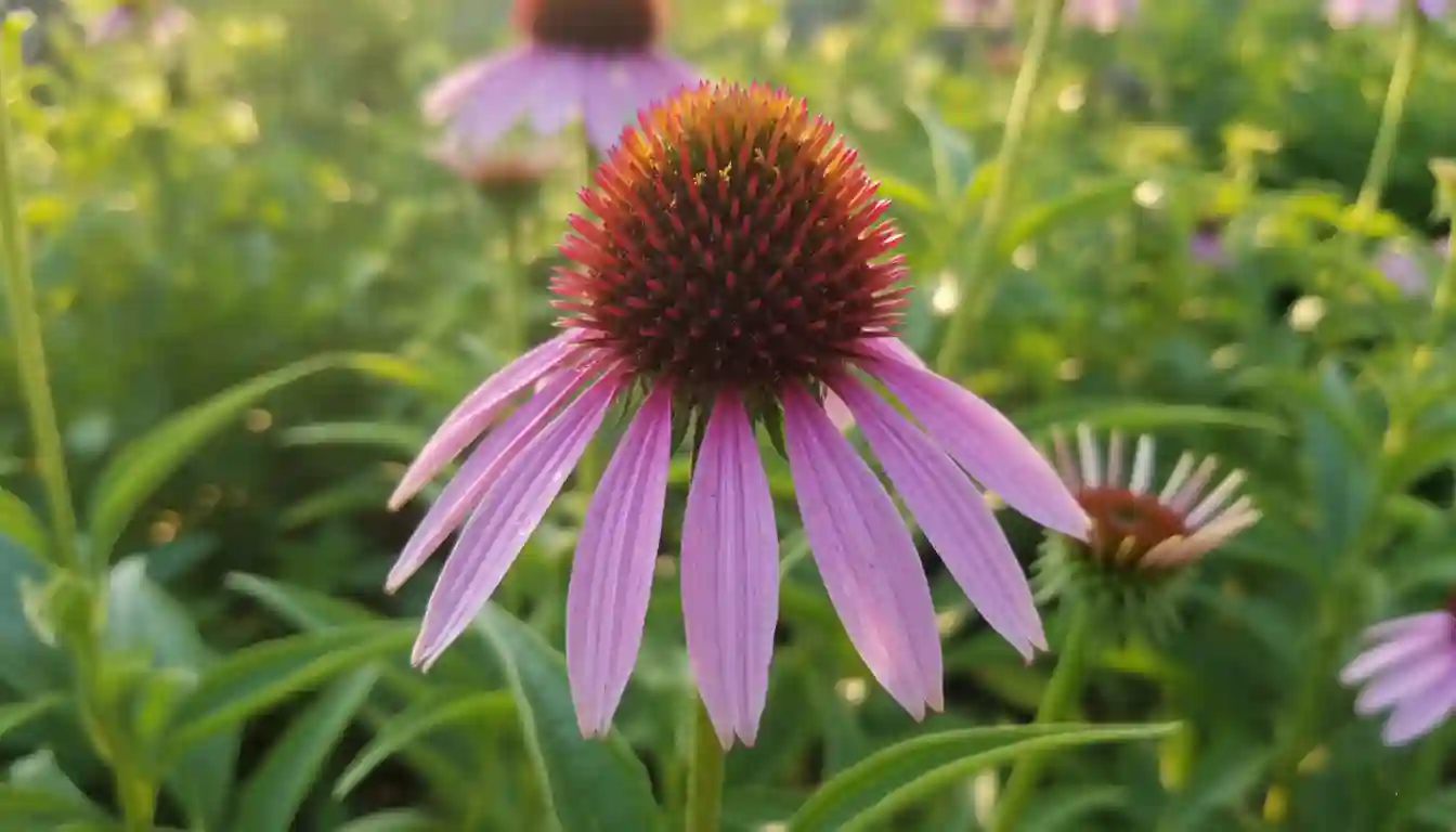 A vibrant purple coneflower, Echinacea purpurea, showing its distinctive cone-shaped, spiky center surrounded by drooping lavender petals in a sunlit garden.