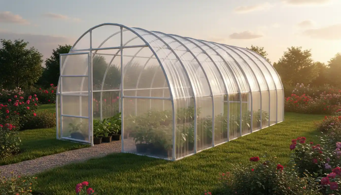 An arched greenhouse structure made from white PVC pipes and covered with clear plastic sheeting, situated in a grassy garden area.