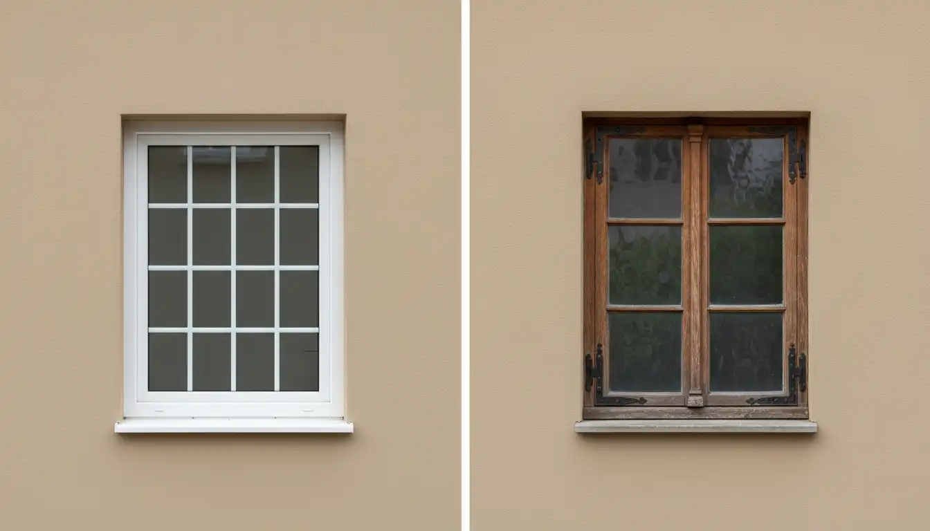 Split-view of a modern white vinyl window and a classic wood-framed window installed in a neutral-colored wall.