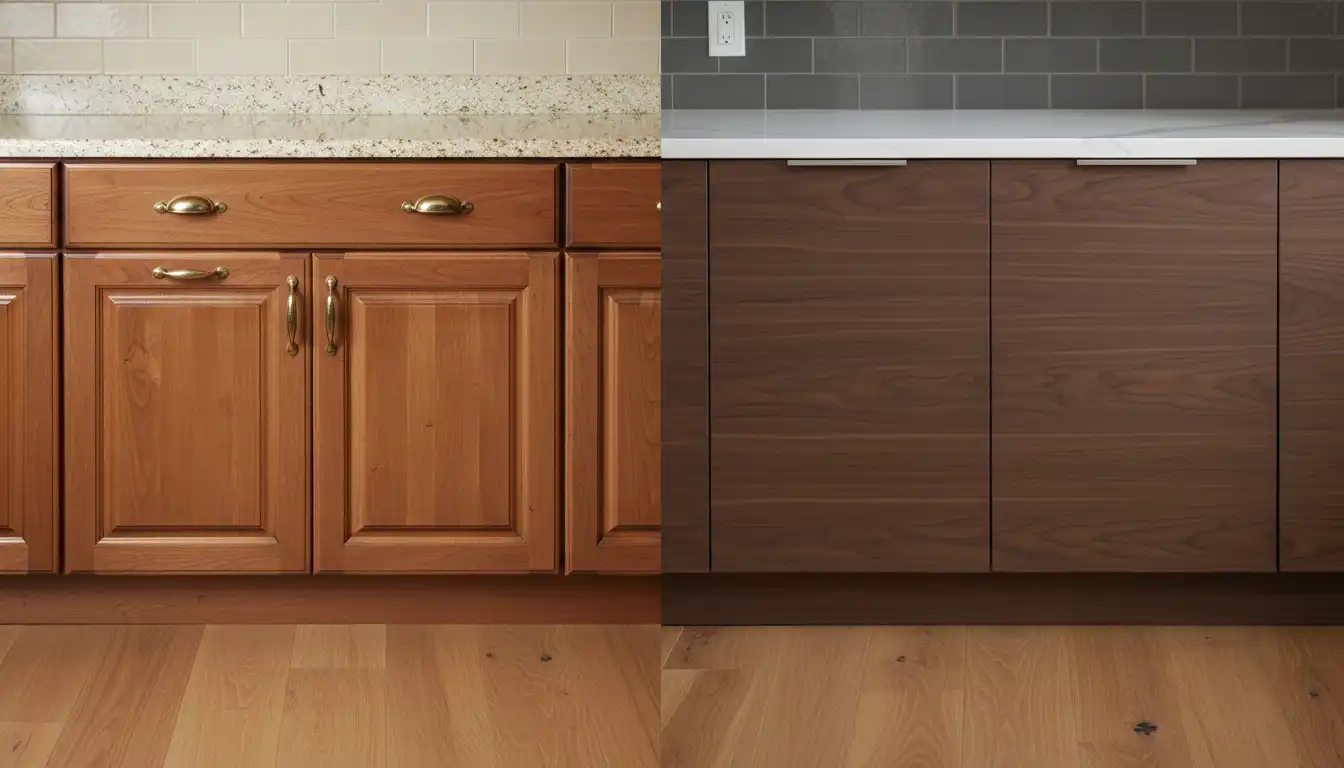 A side-by-side comparison of two finished wood kitchen cabinet styles.
