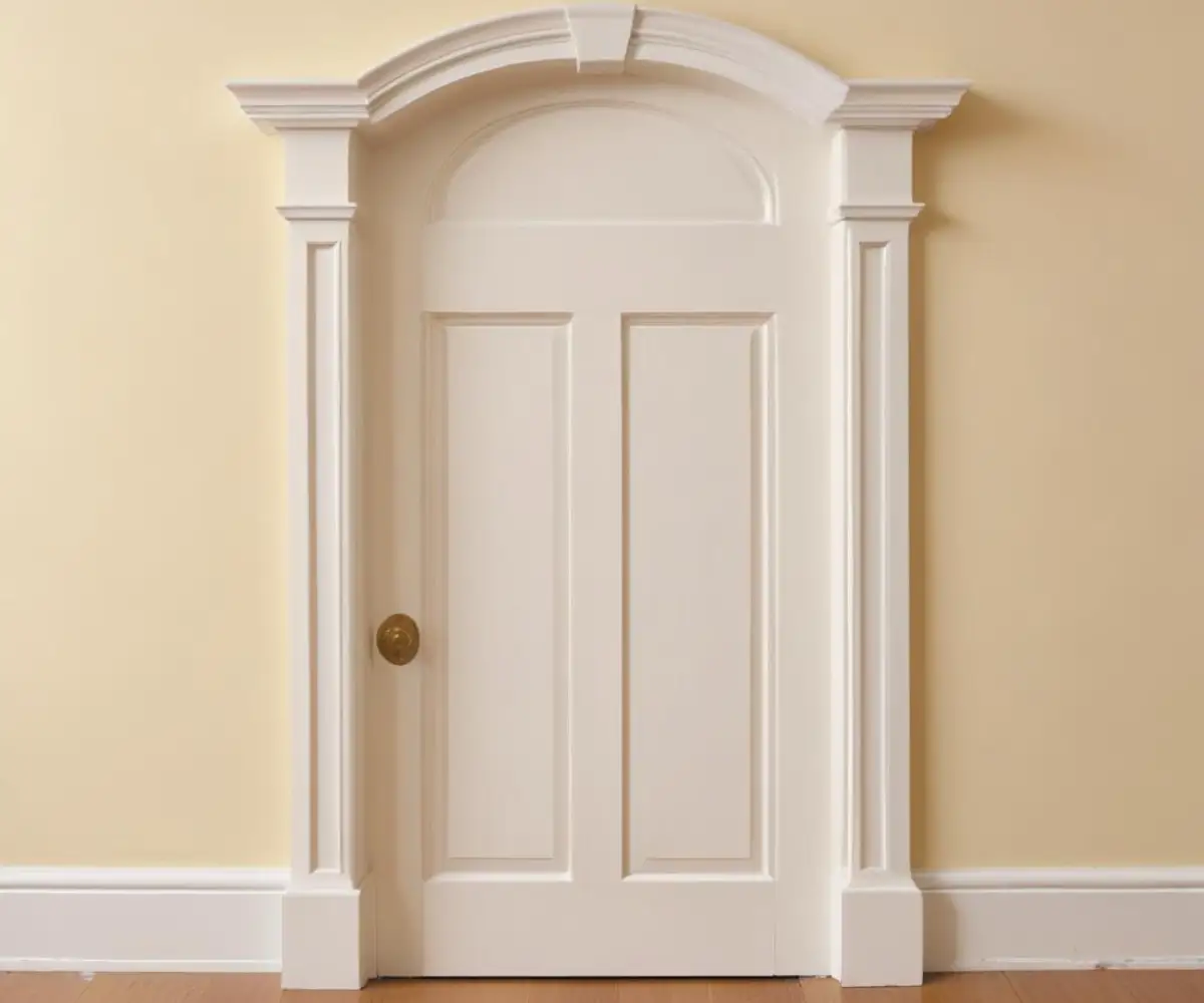 Unfinished pine quarter round molding installed as trim around the base of a white door frame against a light-colored wall.