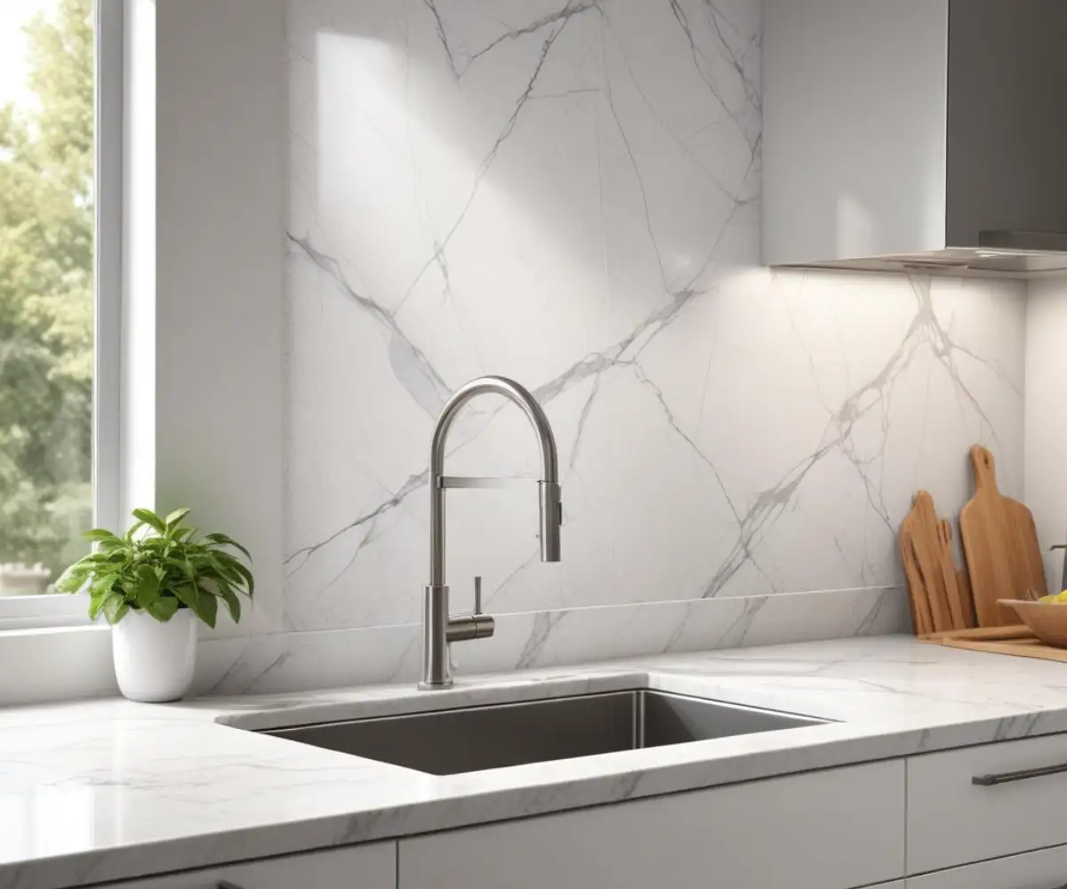 A seamless white and gray veined quartz backsplash in a modern kitchen, extending up the wall to frame a bright window above the sink.