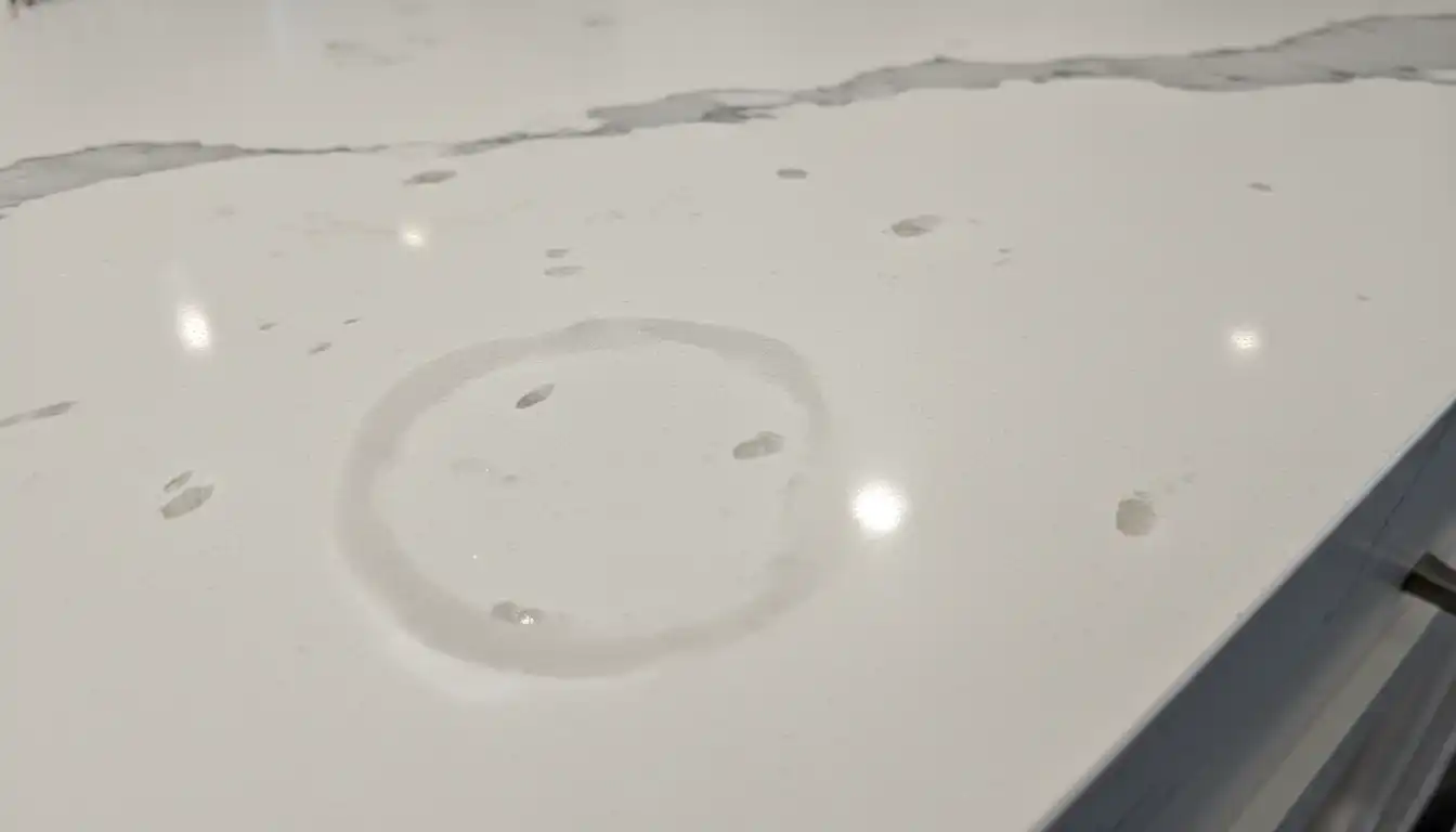 Close-up of a white and gray polished quartzite countertop showing faint, circular water stains on the reflective surface.