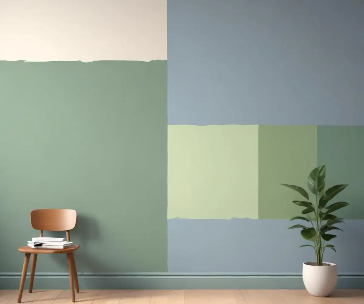A wall showing two adjacent paint color swatches, one a soft blue-gray and the other a muted green-gray.