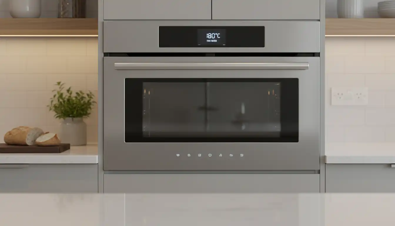 A sleek, stainless steel countertop convection oven with a digital display on a clean kitchen counter.