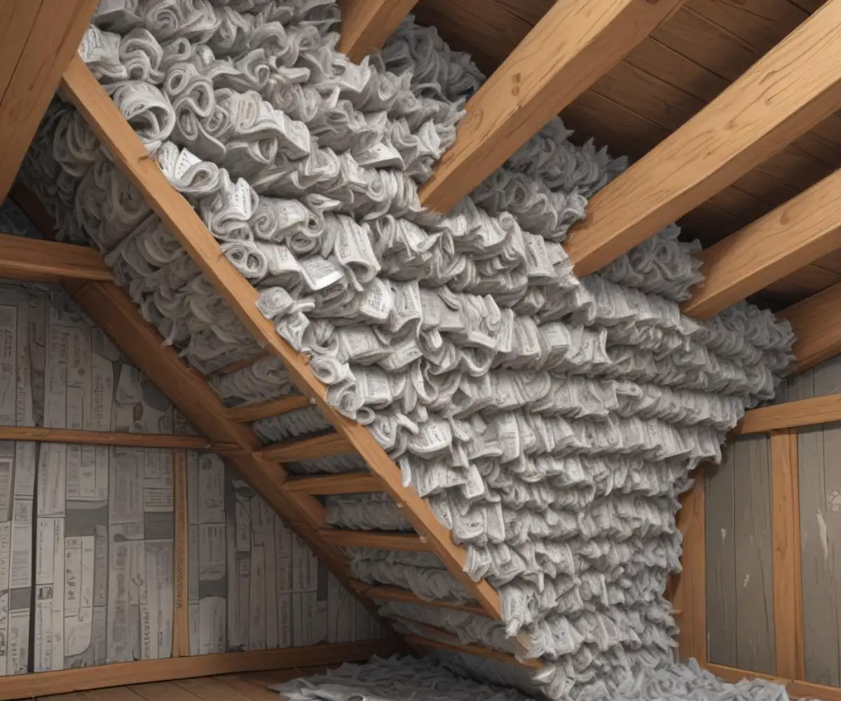 Close-up of fluffy, gray recycled newspaper cellulose insulation packed tightly between wooden ceiling joists in an attic.