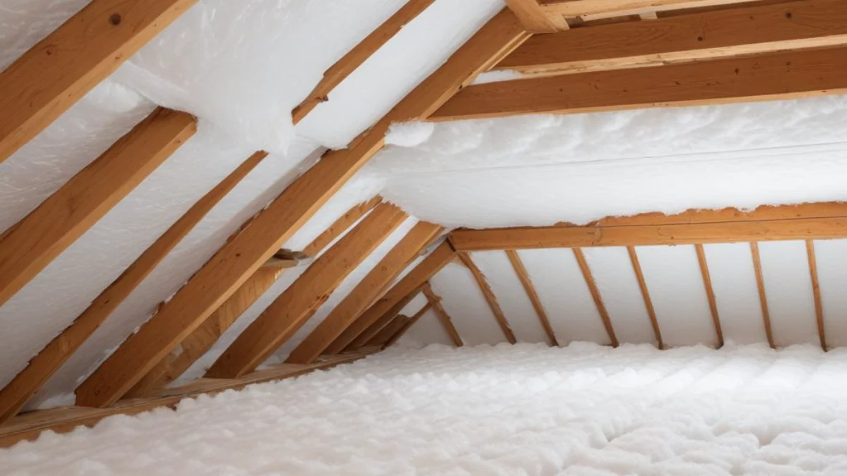 Thick, fluffy white blown-in fiberglass insulation completely covering the attic floor joists in a seamless, deep layer.