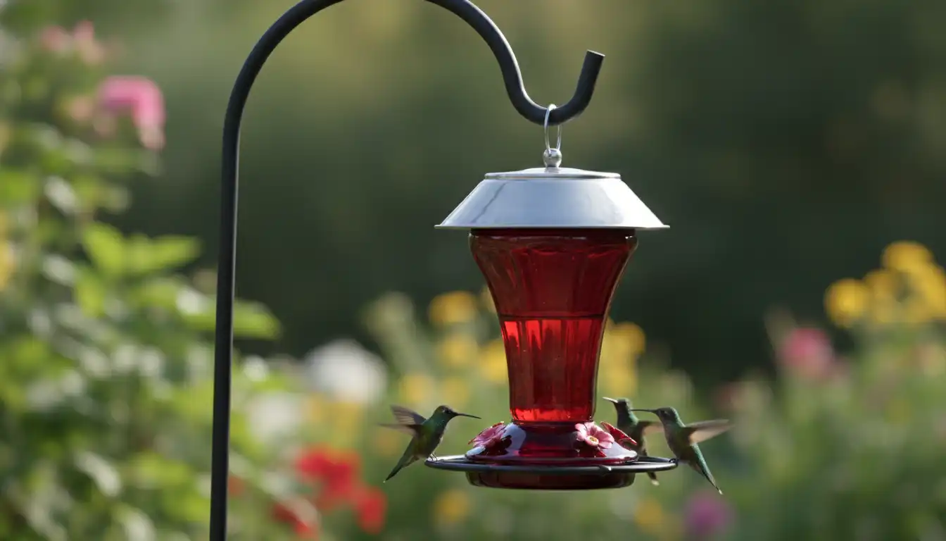 A red glass hummingbird feeder hanging from a metal pole with a protective cone-shaped baffle above it.
