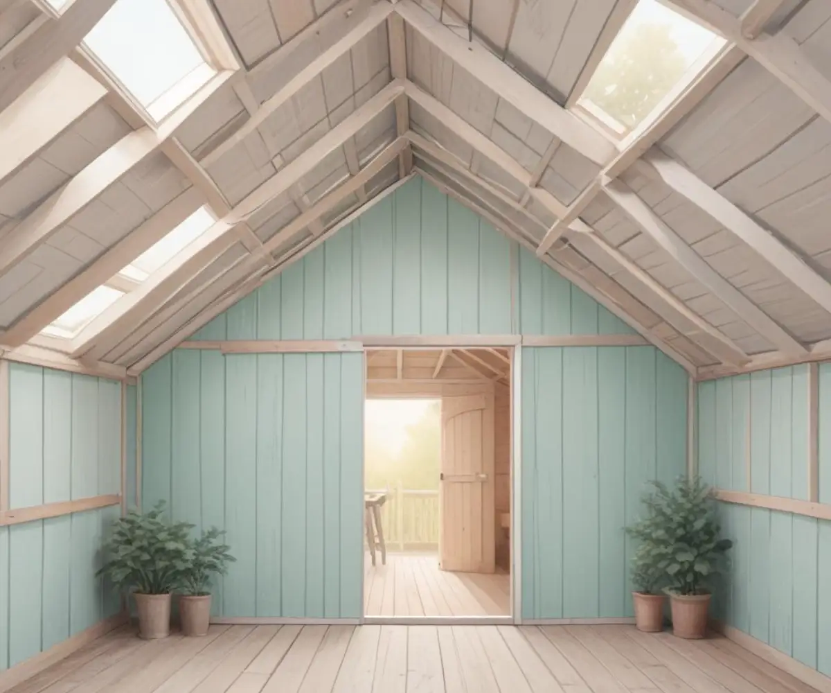 Interior of a wooden shed with silver radiant barrier insulation stapled to the roof rafters and walls.
