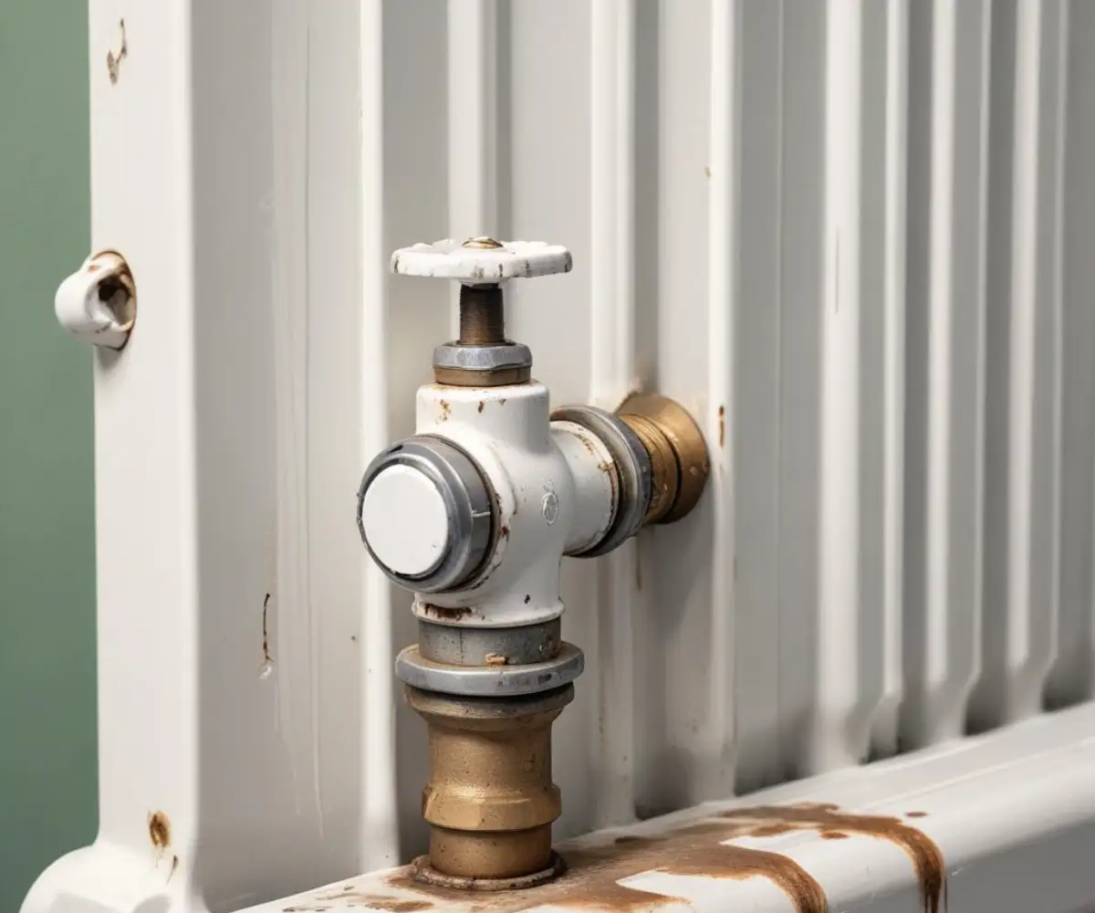 Close-up of a white thermostatic radiator valve with a stuck pin, showing visible corrosion around the metal components.