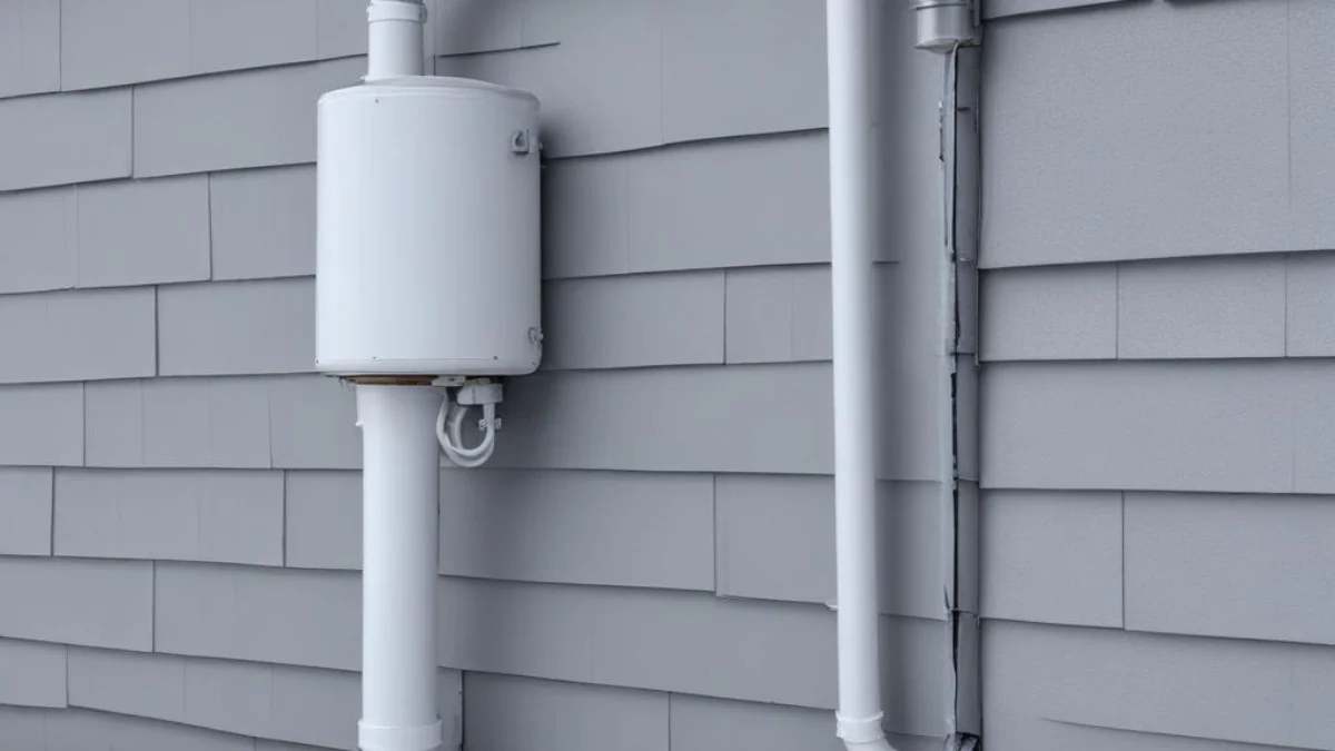 A white radon mitigation fan and PVC pipe on the exterior of a house, covered in ice and frost.