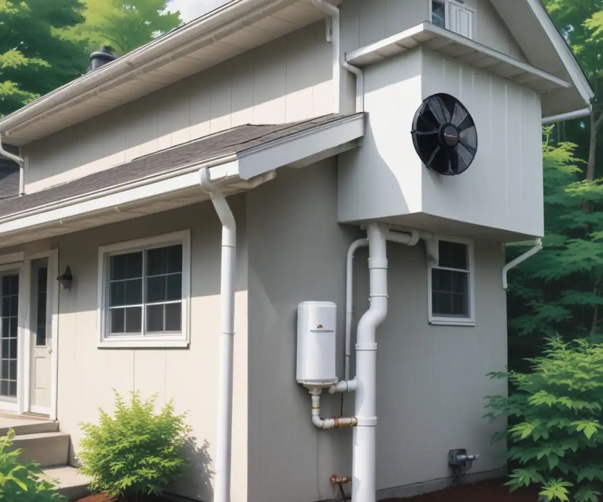 Exterior view of a white radon mitigation system pipe and fan installed against a home's foundation and siding.