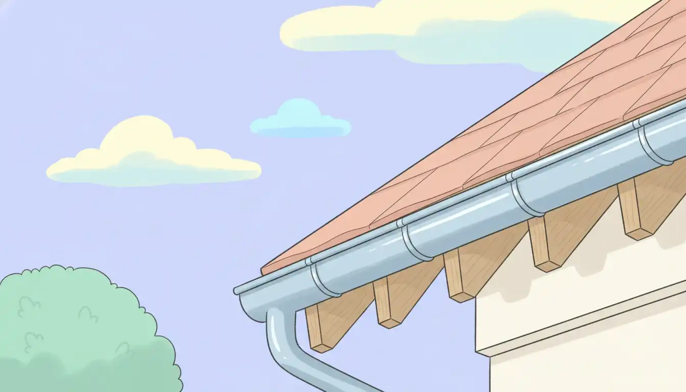 Exposed wooden rafter tails with decorative cuts along the eave of a roof, supporting a metal rainwater gutter.