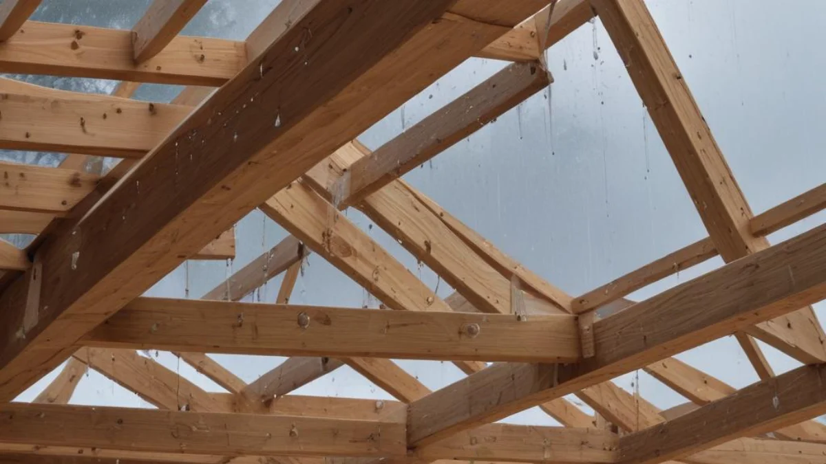 Rain falling on an unfinished roof with exposed wooden beams and sheathing.