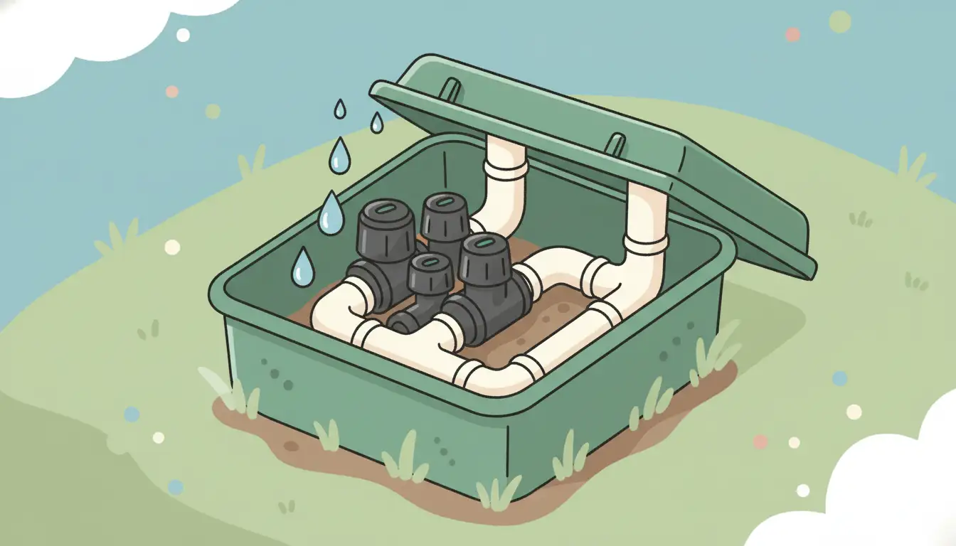 An opened outdoor irrigation valve box revealing several black solenoid valves connected to a network of white PVC pipes set into the earth.