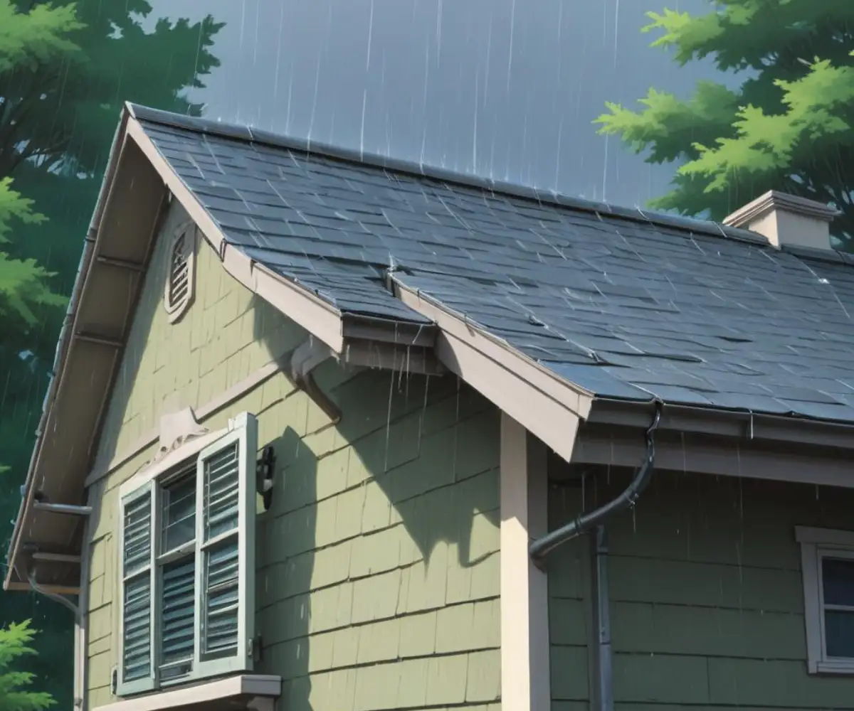 A louvered, gutterless rain dispersal system made of aluminum, installed along the roofline of a house with asphalt shingles.