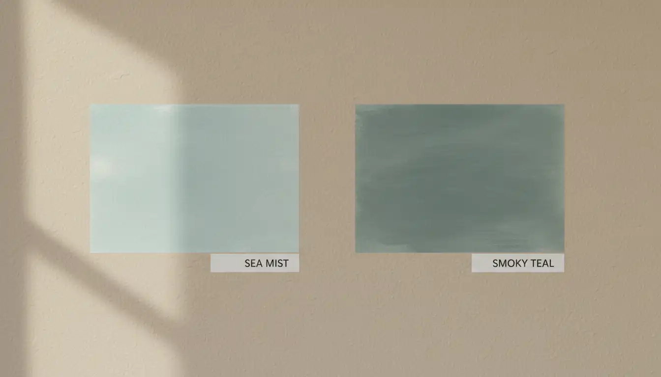 Side-by-side paint swatches of a soft, airy blue-green and a muted blue-green with gray undertones on a neutral wall.