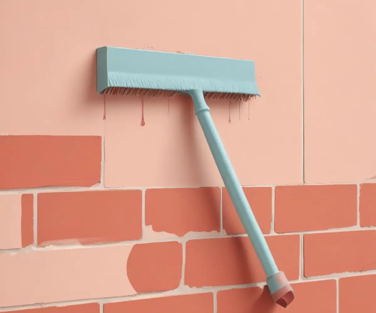 A metal raking bar tool being used to clean out and remove old mortar from the joints between red bricks on a wall.