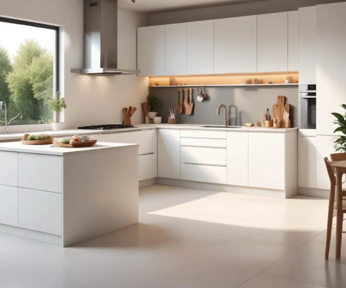 A modern kitchen with sleek cabinets painted in traffic white, RAL 9016, featuring a minimalist design and smooth, handleless surfaces.