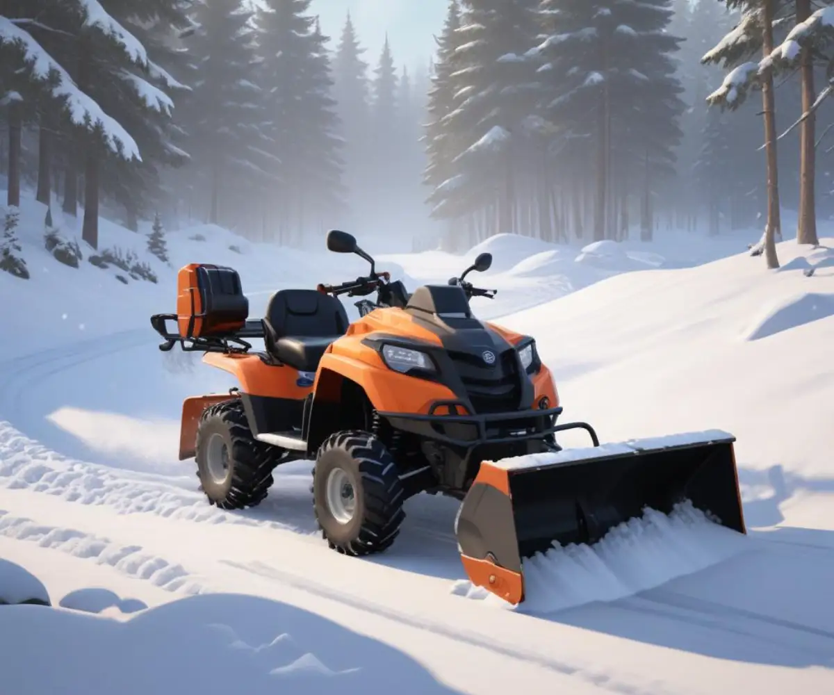 A front-mounted Rammy snowblower attachment on an ATV, actively clearing a wide path through a snow-covered driveway.
