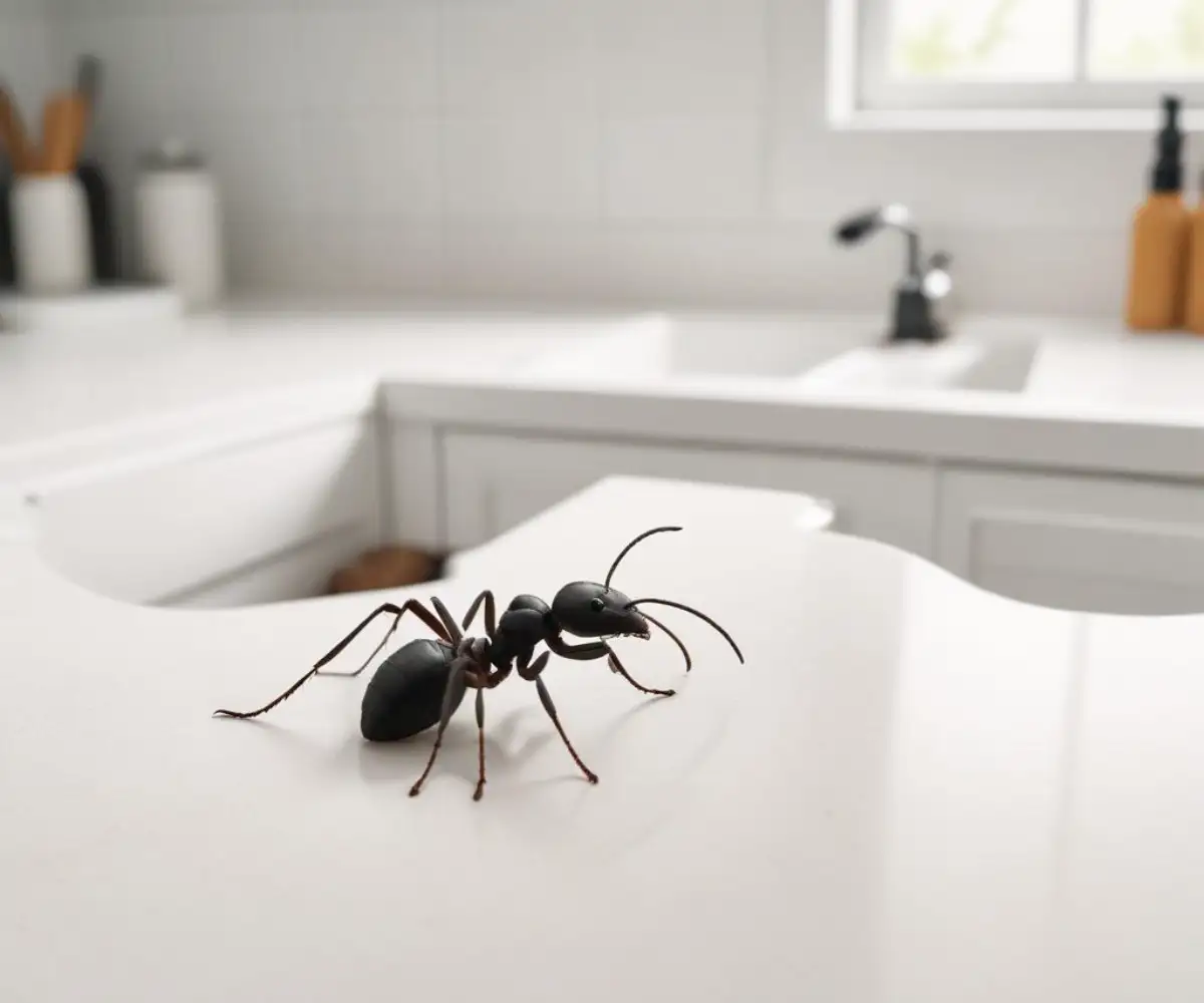 A single black ant crawling across a clean white kitchen countertop.