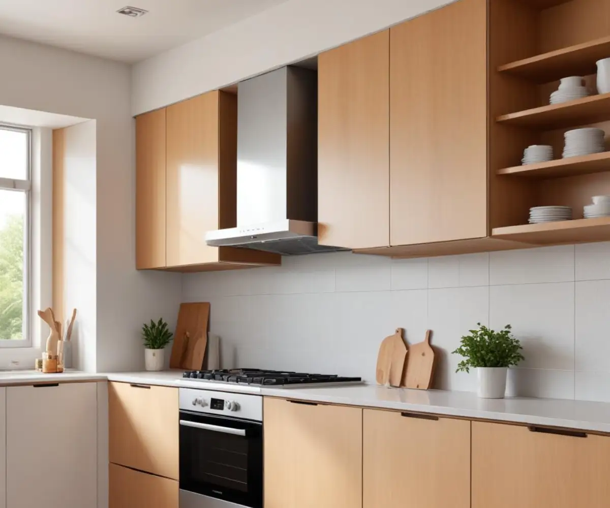 Exposed round metal ventilation duct for a range hood running vertically through a cutout in the bottom of a white upper kitchen cabinet.