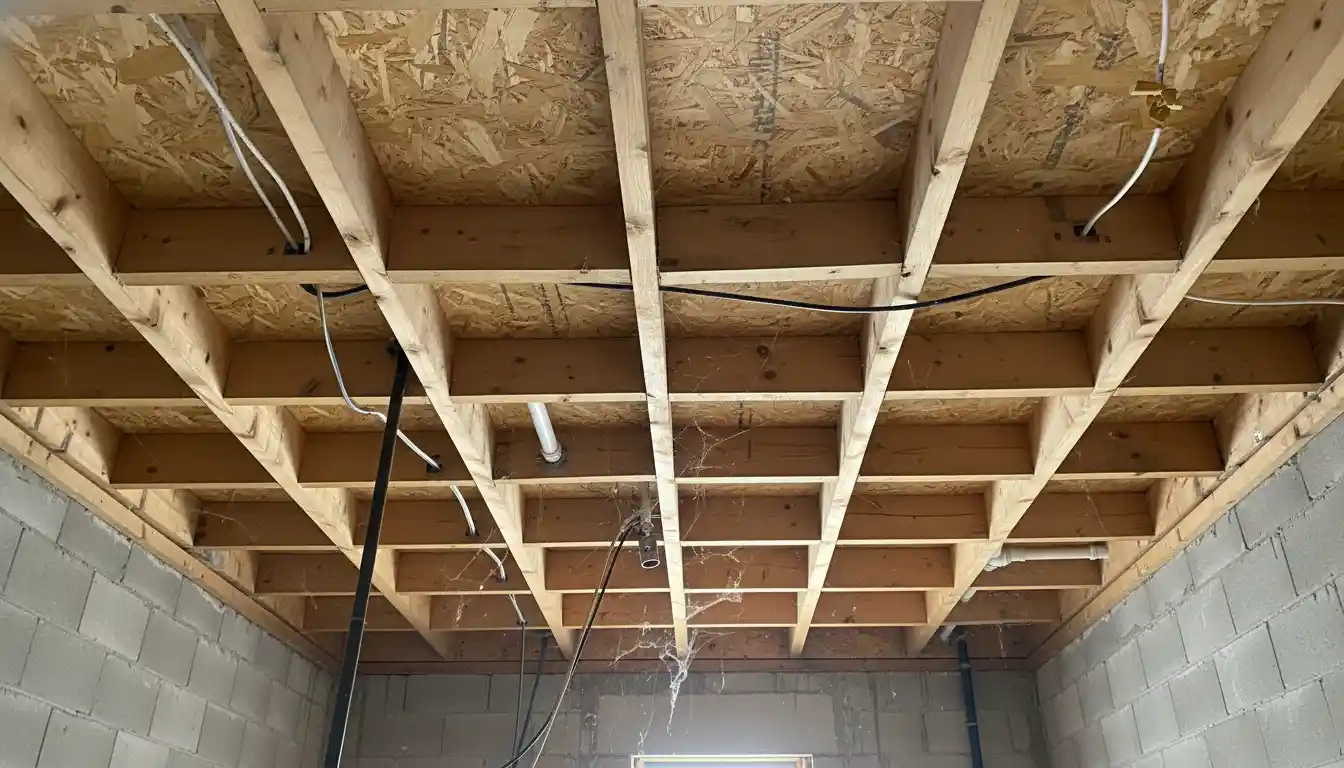 Exposed wooden floor joists and subfloor from below.