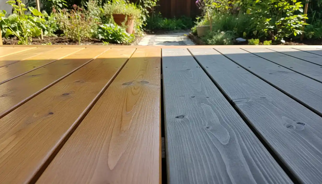 A wooden deck with two different semi-transparent stains applied side-by-side, showing a comparison of color and finish.