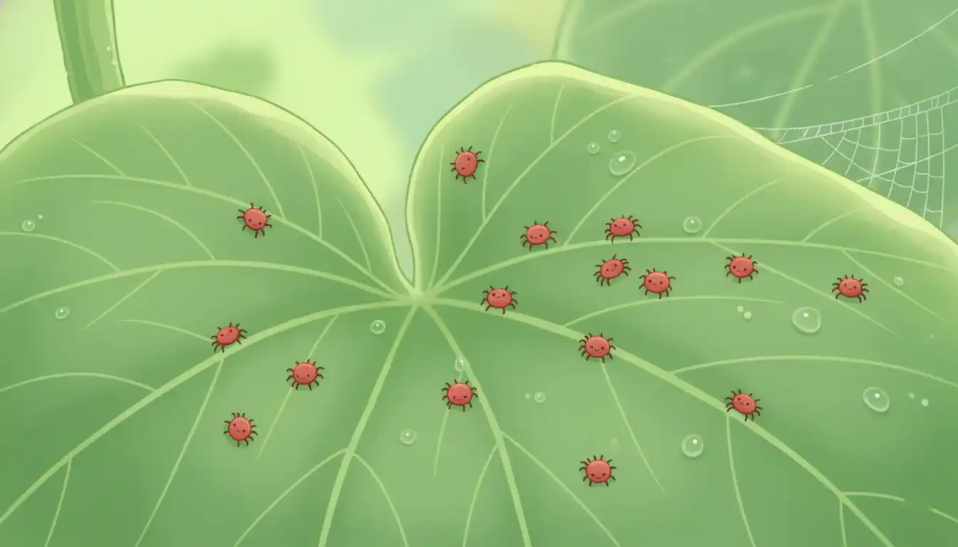 A close-up view of small red spider mites on the underside of a green, veined cucumber leaf.