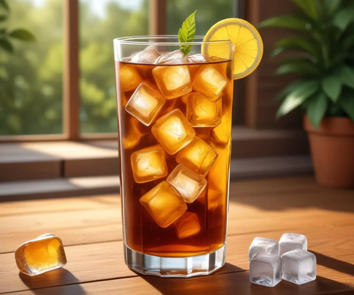 A tall, clear glass filled with amber-colored iced tea and ice cubes, resting on a wooden surface.