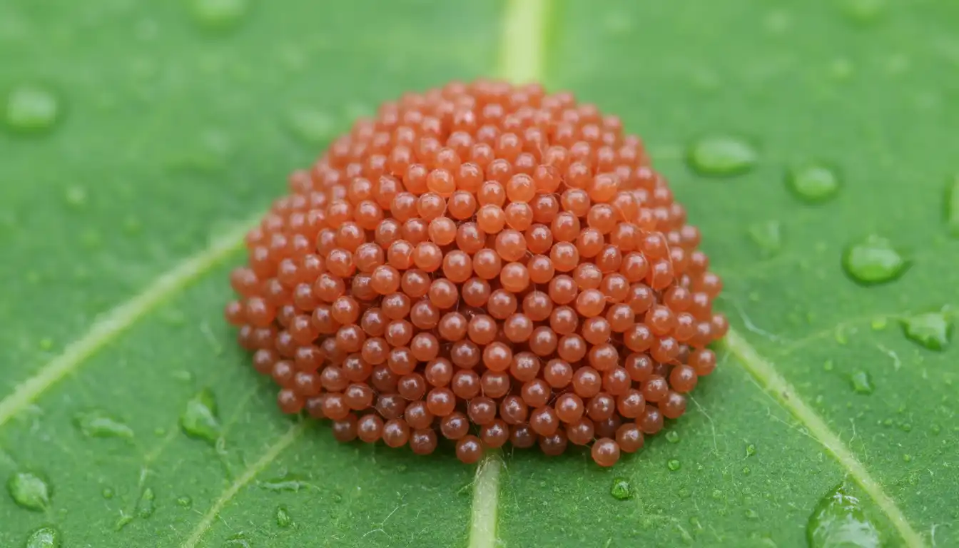 A close-up of a cluster of tiny, spherical, red-orange insect eggs attached to the underside of a vibrant green leaf.
