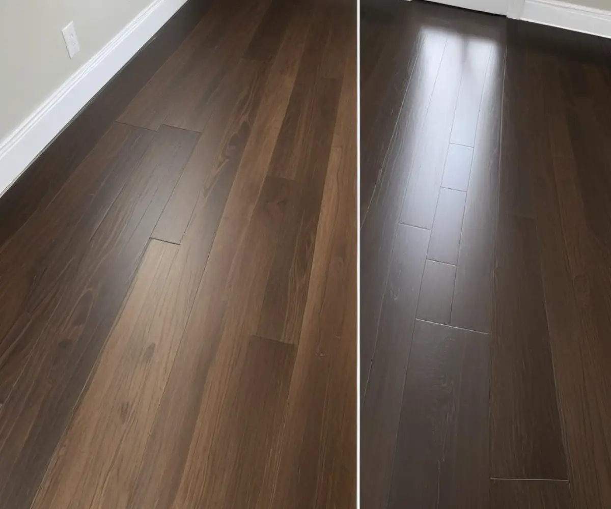 A side-by-side comparison showing a glossy, refinished dark hardwood floor next to modern, light gray luxury vinyl plank flooring.